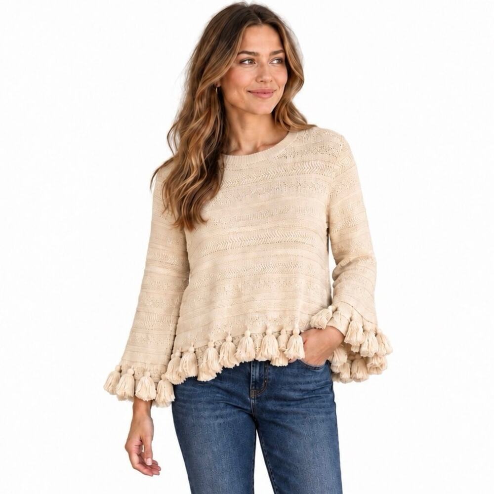 Kate Spade New York Cream Cotton Tassel Fringe Bell Sleeve Knit Sweater Size M
